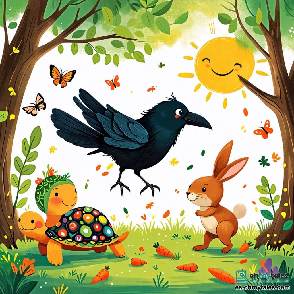 Une illustration sous forme de dessin destinée aux enfants représentant une joyeuse fête dans une clairière ensoleillée, où un corbeau aux plumes noires et brillantes danse joyeusement sur une branche, entouré d'une tortue souriante avec un caparazón coloré qui se déplace en rythme et d'un petit lapin aux grandes oreilles qui saute et rit, tandis qu'autour d'eux, des carottes éparpillées sur le sol ajoutent une touche ludique à cette scène amusante et pleine de vie.