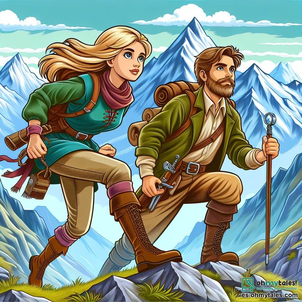 Une illustration destinée aux enfants représentant une jeune exploratrice audacieuse, accompagnée d'un mentor expérimenté, se lançant dans une aventure épique à travers des montagnes majestueuses, à la recherche d'un trésor caché.