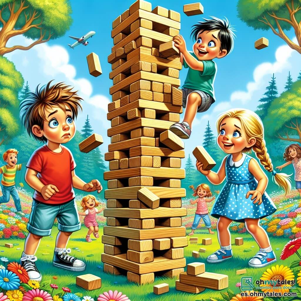 Ilustración que representa un parque soleado, lleno de flores coloridas y árboles majestuosos. En el centro de la imagen, tres niños están reunidos alrededor de una gran torre de bloques de madera. Un niño de cinco años, con el cabello castaño desordenado y una camiseta roja, mira la torre con una expresión preocupada. A su lado, una niña de cinco años, con trenzas rubias y un vestido azul con lunares, sonríe y sostiene un bloque de madera en sus manos. Otro niño, también de cinco años, con cabello negro y un short verde, está a punto de añadir un bloque a la torre. La torre es alta e inestable, y una ligera brisa hace que los bloques se muevan un poco. Al fondo, otros niños juegan alegremente, mientras un cielo azul claro ilumina la escena. La atmósfera es alegre y un poco tensa, ilustrando el momento en que los niños se dan cuenta de que la torre podría derrumbarse.