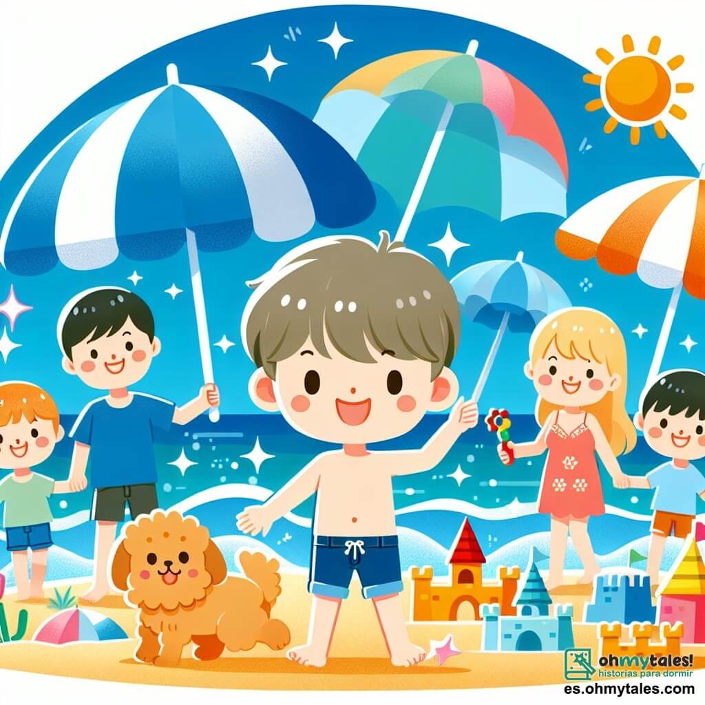 Une illustration destinée aux enfants représentant un garçon joyeux passant ses vacances d'été à la plage avec sa famille, sous un ciel bleu azur et des vagues scintillantes, entourés de parasols colorés et châteaux de sable, avec un petit chien joueur à ses côtés.