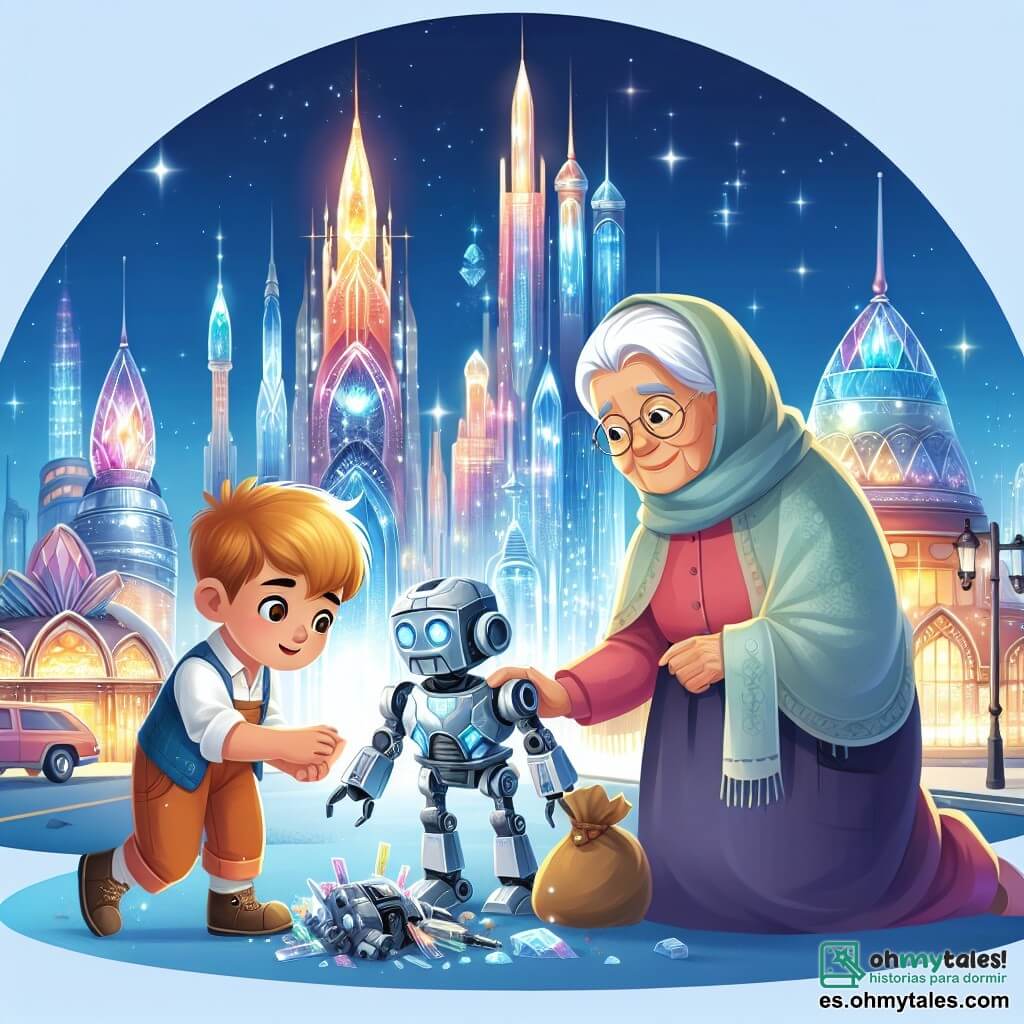 Une illustration destinée aux enfants représentant un garçon curieux et courageux, découvrant un robot abandonné dans une rue illuminée de la majestueuse Ciudad de las Estrellas, accompagné de sa grand-mère sage et aimante, avec des bâtiments futuristes en cristal et acier brillant en arrière-plan.