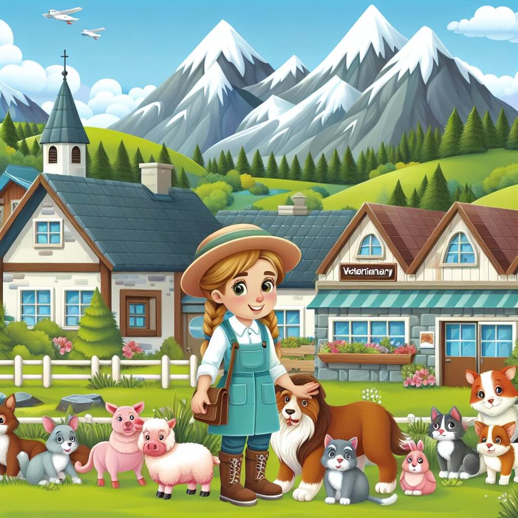 Une illustration destinée aux enfants représentant une jeune femme vétérinaire aventureuse, entourée d'animaux, dans une clinique vétérinaire pittoresque située dans un charmant village entouré de champs verdoyants et de majestueuses montagnes enneigées.