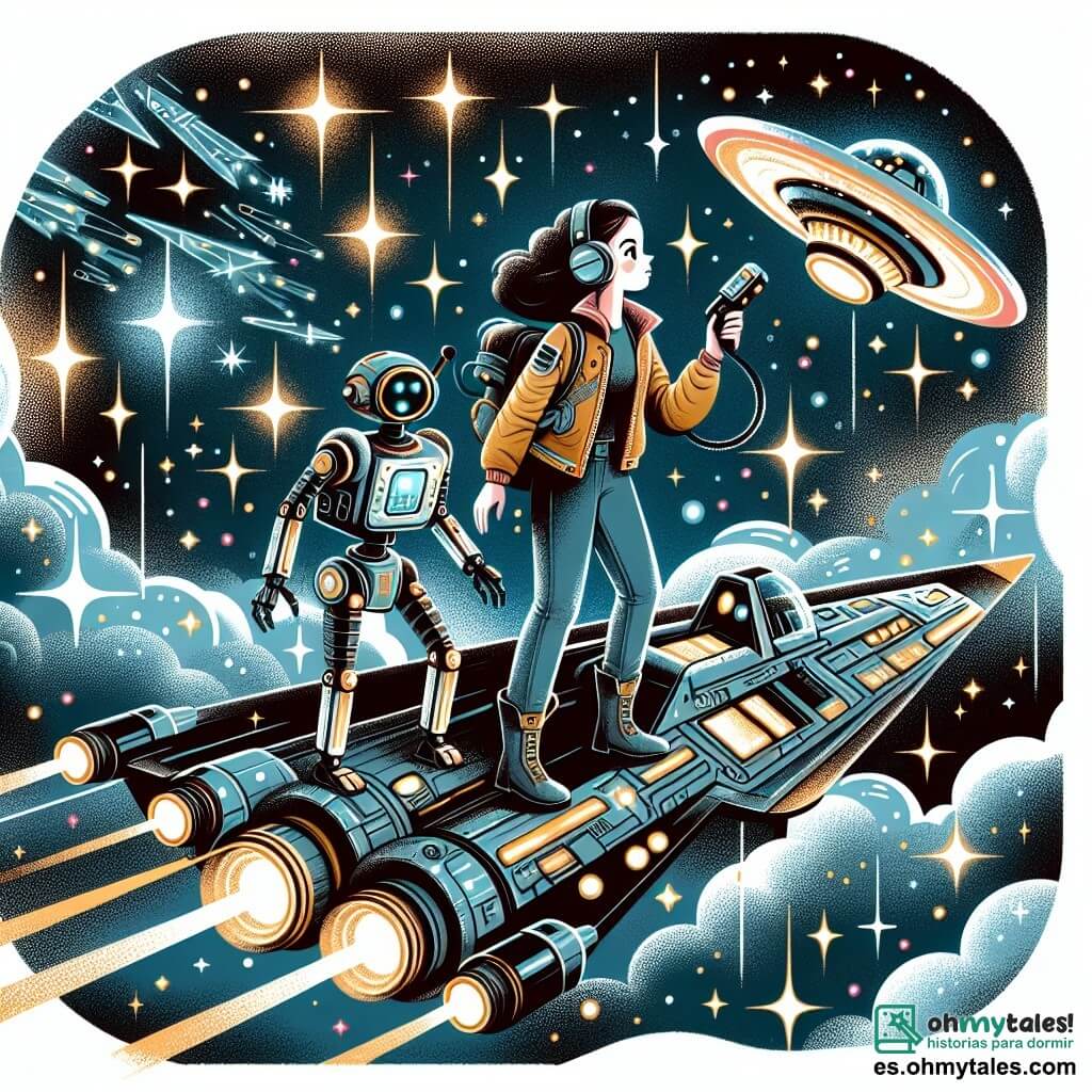 Une illustration destinée aux enfants représentant une jeune femme intrépide explorant l'espace infini, accompagnée de son fidèle robot assistant, sur un vaisseau spatial futuriste orné de lumières scintillantes et entouré d'étoiles étincelantes dans la galaxie lointaine.