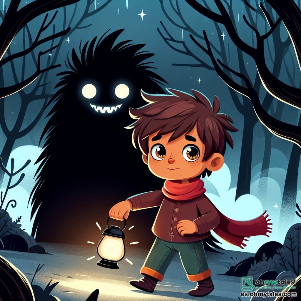 Une illustration sous forme de dessin destinée aux enfants représentant un sombre et mystérieux bois la nuit, avec des arbres aux silhouettes tordues et une brume légère enveloppant le sol, où un garçon de 11 ans aux cheveux bruns ébouriffés et aux yeux pétillants de curiosité avance courageusement, tenant une petite lampe qui éclaire son chemin, tandis qu'une ombre massive et inquiétante, le Gardien de les Miedos, se dresse derrière lui, avec un pelage noir comme la nuit et des yeux brillants, prêt à défier le jeune héros dans sa quête pour surmonter ses peurs.