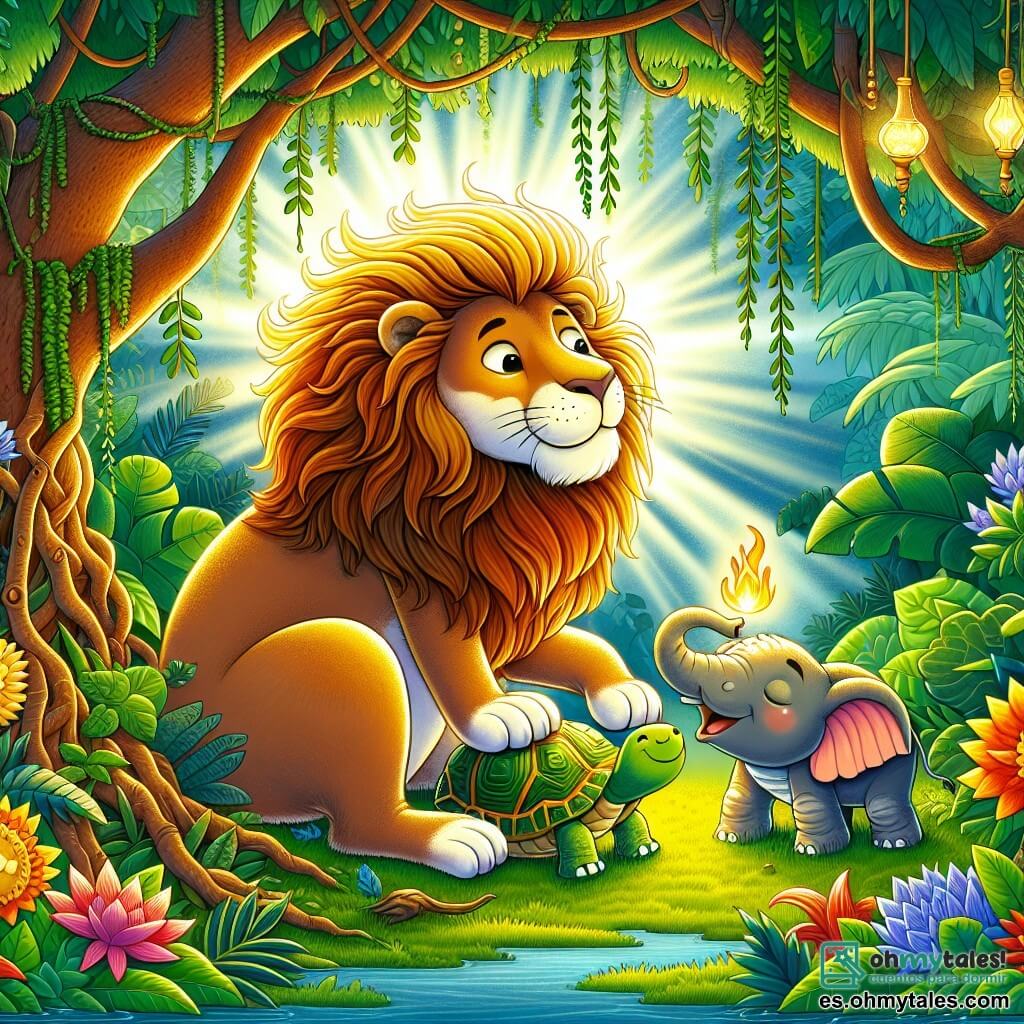 Une illustration destinée aux enfants représentant un majestueux lion à la crinière dorée et flamboyante, se tenant fièrement au cœur d'une jungle luxuriante où les rayons du soleil filtrent à travers un feuillage dense, illuminant des fleurs colorées et des lianes suspendues, tandis qu'il se penche avec bienveillance vers une petite tortue au regard triste, perdue sous un grand arbre aux branches noueuses, et un éléphant aux grandes oreilles qui, avec un air de camaraderie, se débat joyeusement dans un buisson, tous deux cherchant à surmonter leurs petits tracas grâce à la force et à la gentillesse de leur ami royal.