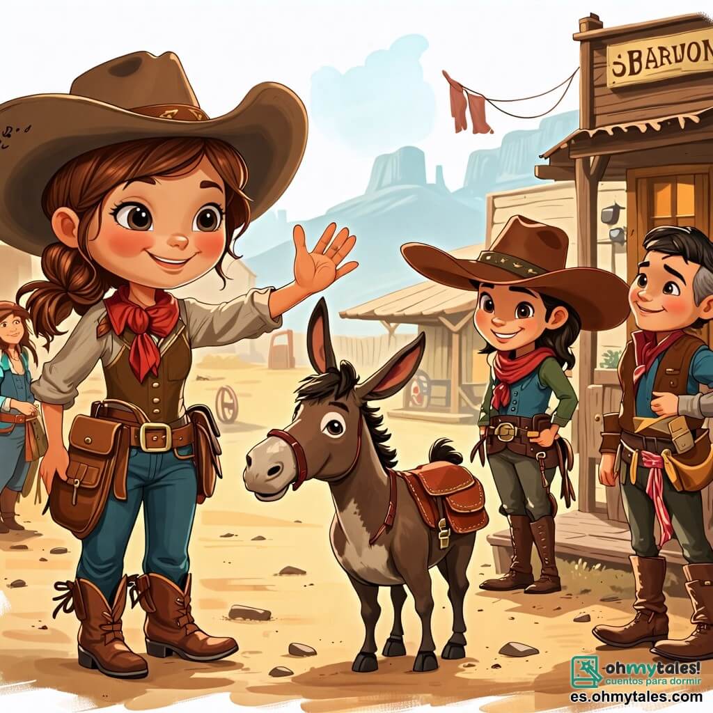 Une illustration sous forme de dessin destinée aux enfants représentant un saloon animé dans un petit village du Far West, avec une courageuse cow-girl aux cheveux châtains et au grand sourire, brandissant son chapeau tout en faisant face à trois forajidos aux visages burlesques et aux vêtements poussiéreux, qui semblent hésiter à partir, tandis qu'un petit burro aux grandes oreilles, joyeux et espiègle, se tient à ses côtés en braying, et des villageois curieux regardent la scène avec admiration et encouragement.