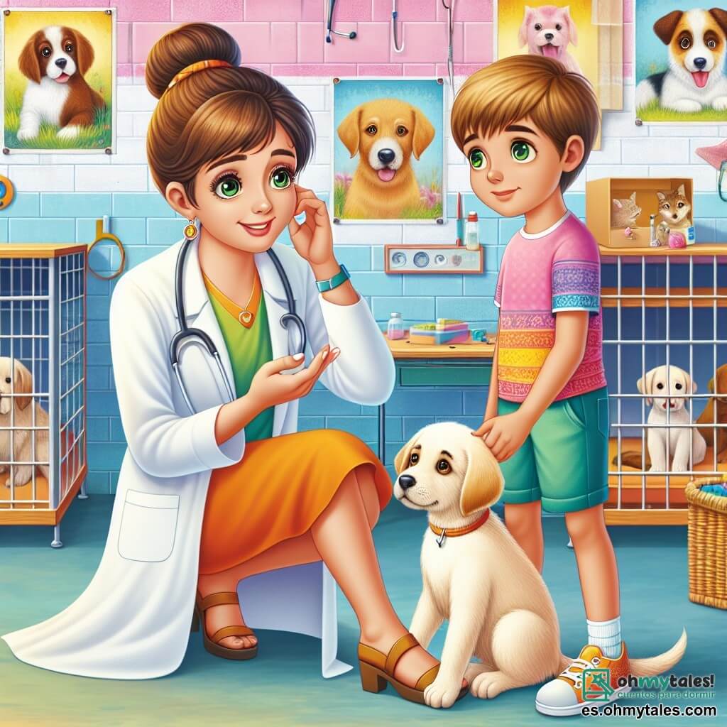 Ilustración que representa una clínica veterinaria cálida y acogedora, con paredes pintadas en colores pastel y carteles de animales colgados. En el centro, una veterinaria de unos treinta años, con cabello castaño recogido en un moño y ojos brillantes de pasión, se arrodilla junto a un pequeño labrador dorado. Lleva una bata blanca y un estetoscopio alrededor del cuello, examinando con suavidad y amabilidad la pata herida del cachorro. Junto a ella, un niño de unos once años, con cabello despeinado y ojos verdes brillantes, observa con fascinación. Lleva una camiseta colorida y un short, y parece curioso y admirado por la escena. La veterinaria consuela al cachorro herido, mientras el niño aprende la importancia de cuidar a los animales. Al fondo, se ven jaulas con otros animales, juguetes esparcidos y carteles sobre el cuidado de los animales, creando una atmósfera dinámica y llena de vida.