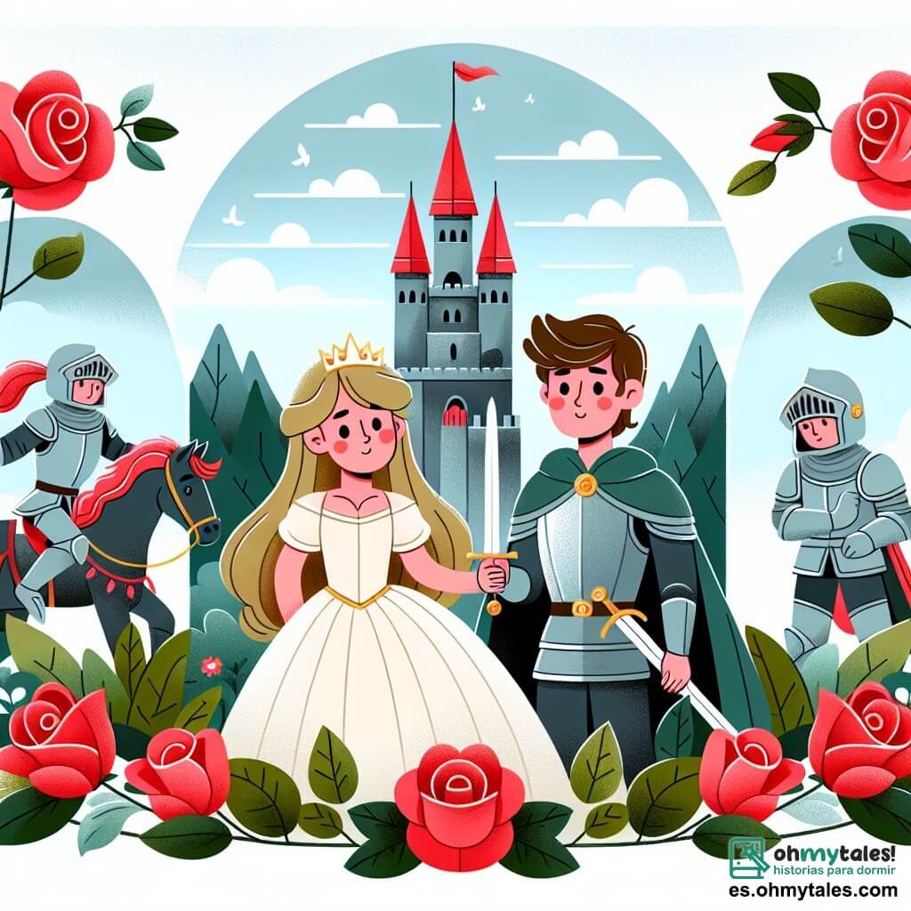 Une illustration destinée aux enfants représentant un courageux chevalier, une princesse en détresse, et une tour enchantée entourée de roses rouges, dans un royaume lointain.