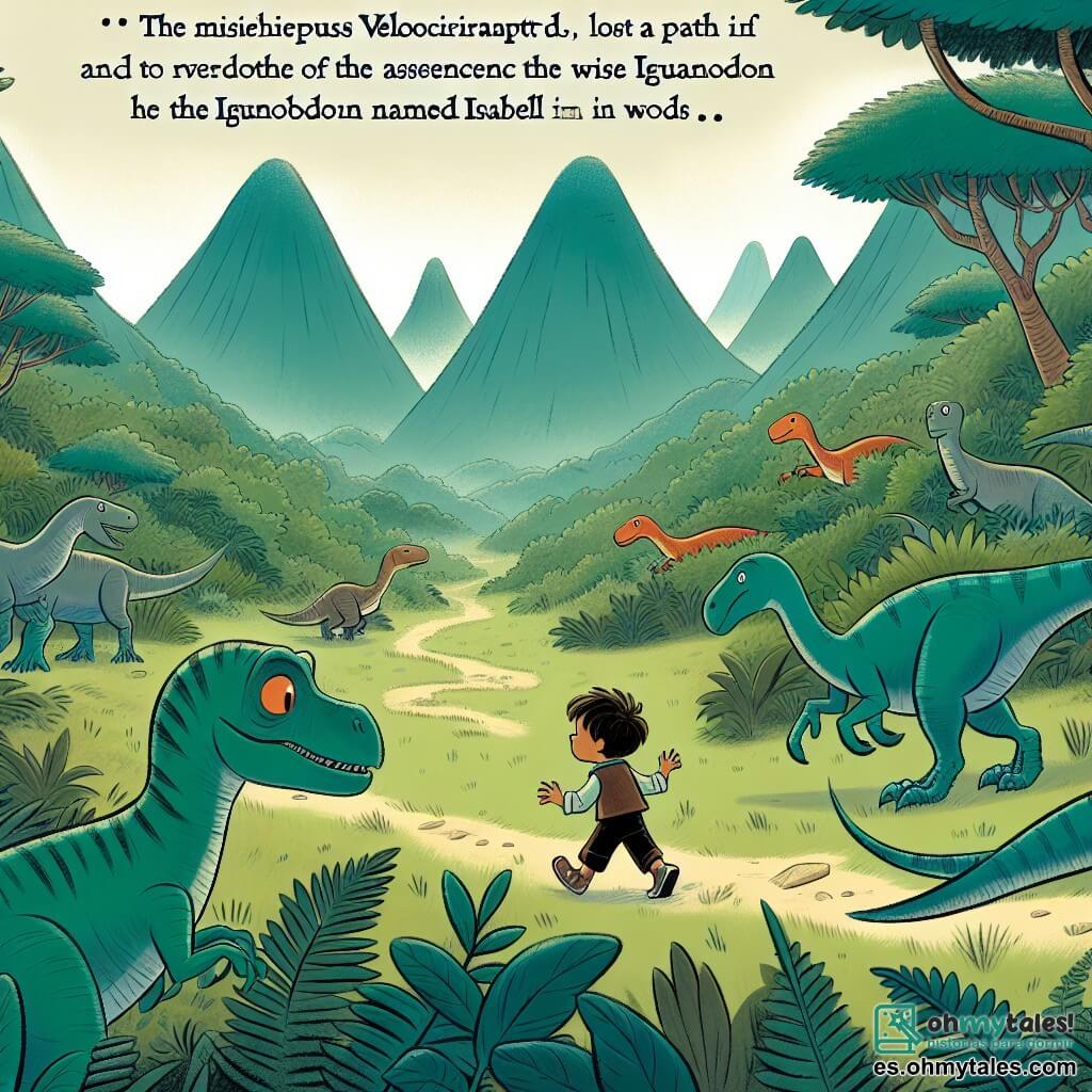 Une illustration destinée aux enfants représentant un vélociraptor malicieux perdu dans un luxuriant valle rempli de montagnes, accompagné d'un petit dinosaure garçon appelé Dino, cherchant leur chemin avec l'aide de la sage iguanodon Isabella dans un bois mystérieux et sombre.