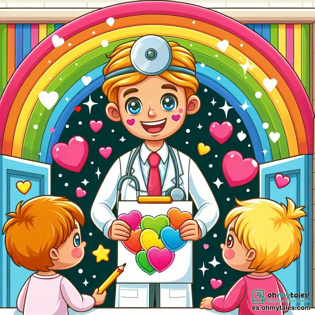 Une illustration destinée aux enfants représentant un médecin au sourire lumineux, entouré de cœurs et d'étoiles, recevant un dessin joyeux de deux enfants aux yeux pétillants, dans un petit hôpital aux murs colorés de toutes les nuances de l'arc-en-ciel.