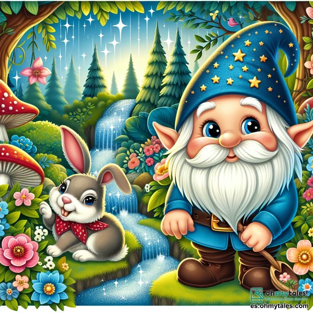 Une illustration destinée aux enfants représentant un lutin malicieux et espiègle, accompagné d'un adorable lapin, se déroulant dans un jardin enchanté rempli de fleurs colorées, arbres majestueux et petits ruisseaux scintillants.