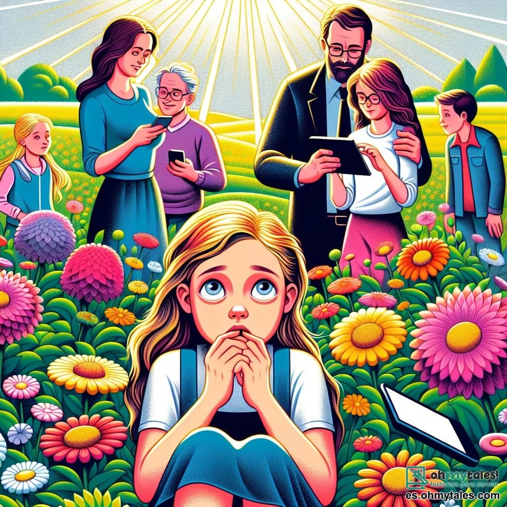Une illustration destinée aux enfants représentant une fille curieuse face à la tentation des écrans, accompagnée de sa famille, se déroulant dans un jardin fleuri et coloré sous un ciel ensoleillé.