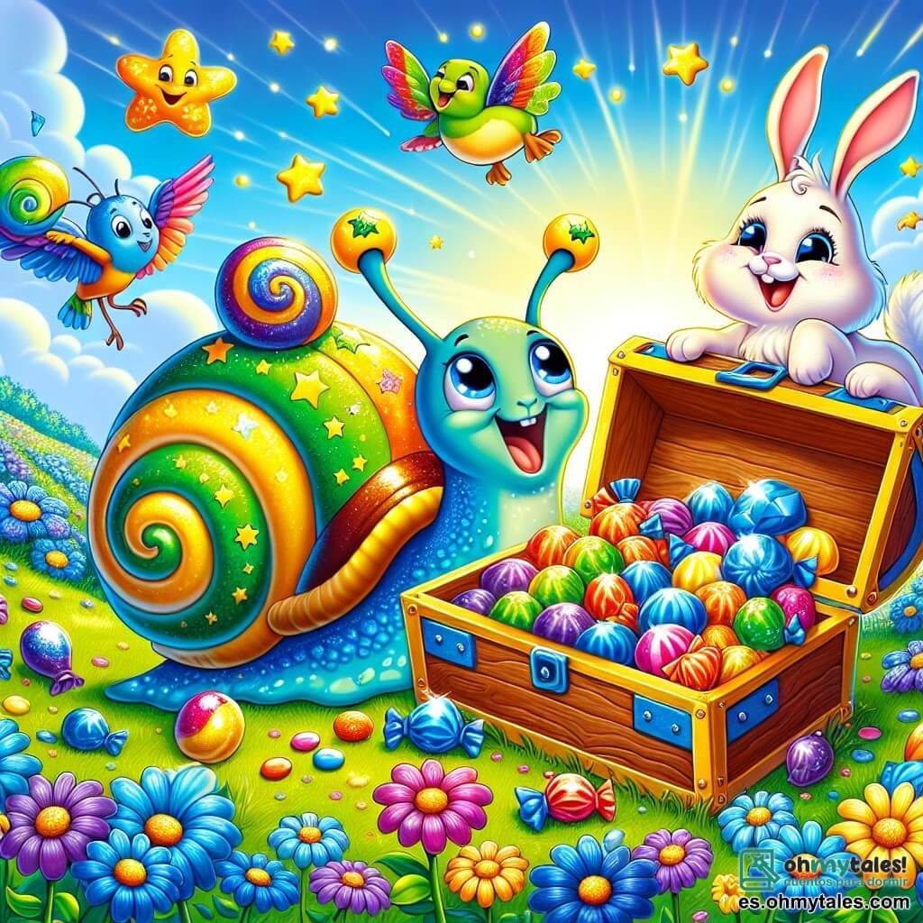 Ilustración que representa un campo vibrante de flores de colores brillantes, con flores azules danzando bajo un cielo soleado. En el centro, un caracol de colores vivos, con un caparazón verde brillante y manchas amarillas en forma de estrellas, está abriendo un gran cofre de madera lleno de caramelos coloridos. A su lado, un pequeño conejo de orejas largas, con pelaje blanco y ojos brillantes, salta de alegría sosteniendo un caramelo en sus patas. Al fondo, una tortuga de caparazón marrón, con un aire sabio, observa la escena con una sonrisa, mientras un pájaro de plumas multicolores canta alegremente en una rama. La atmósfera es festiva y alegre, llena de risas y colores, ilustrando el momento en que los amigos descubren el tesoro de golosinas.