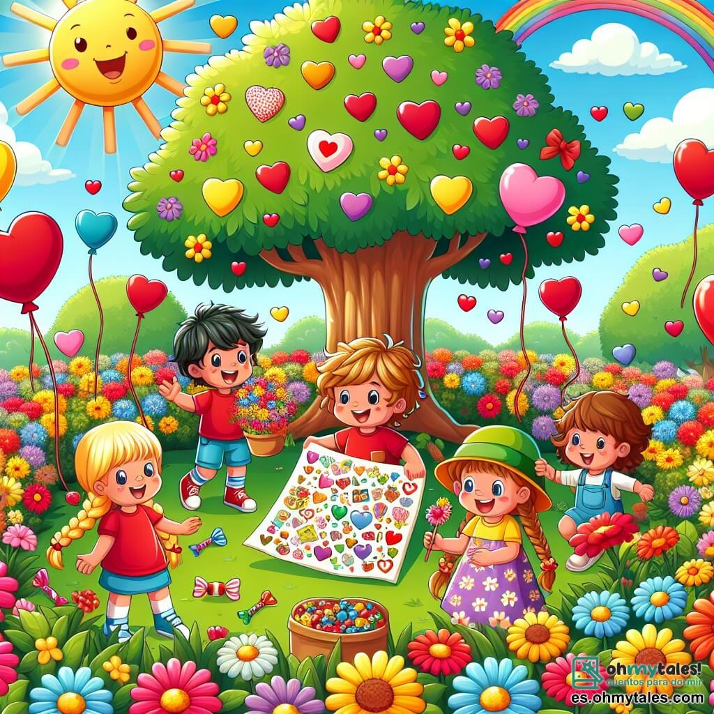 Ilustración que representa un parque soleado, lleno de flores coloridas en tonos vivos de rojo, amarillo y azul, con un gran roble majestuoso en el centro, bajo el cual se encuentra un pequeño grupo de niños. En primer plano, un niño de 5 años, con el cabello castaño despeinado, lleva una camiseta roja y un pantalón corto azul, sonriendo alegremente mientras sostiene un mapa del tesoro colorido en sus manos. A su lado, una niña de 5 años, con largas trenzas rubias y un vestido de flores, mira el mapa con entusiasmo, mientras otro niño de 5 años, con cabello negro y una gorra verde, se prepara para correr hacia un árbol en busca de la próxima pista. La escena captura la emoción y la amistad, con globos en forma de corazón flotando en el aire y caramelos coloridos esparcidos a su alrededor, simbolizando la alegría de la búsqueda del tesoro para el Día de San Valentín.