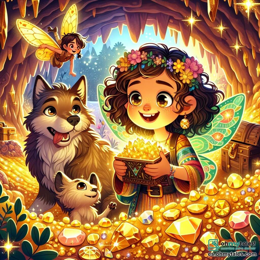 Une illustration sous forme de dessin destinée aux enfants représentant une caverne magique illuminée par des lueurs dorées, où une jeune femme aux cheveux bouclés et aux yeux pétillants, vêtue d'une tunique colorée, tient un ancien trésor scintillant dans ses mains avec un sourire émerveillé, tandis qu'à ses côtés, un petit duende aux ailes de mariposa et un loup astucieux aux yeux malicieux les regardent avec curiosité, illustrant le moment où ils découvrent ensemble le trésor caché, entourés de joyaux étincelants et de fleurs lumineuses.