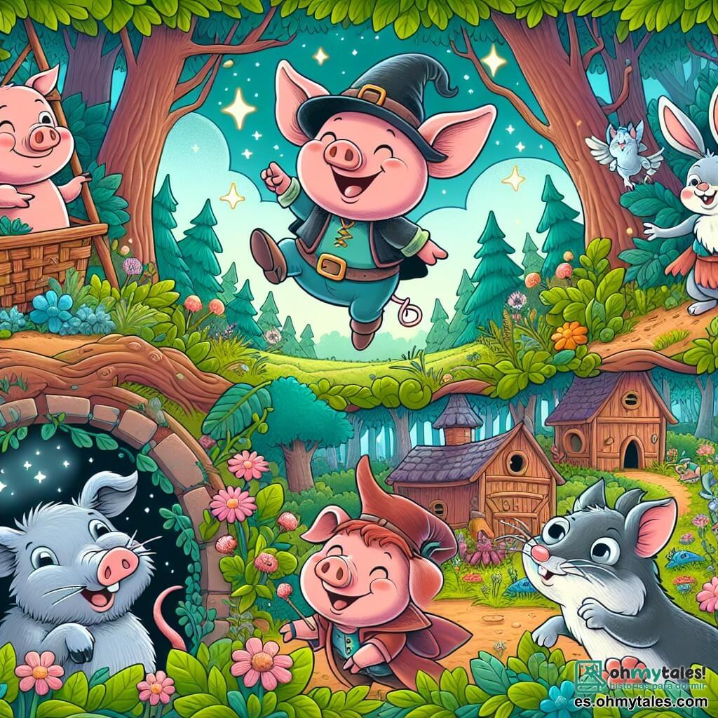 Une illustration destinée aux enfants représentant un joyeux cochonnet, un lapin espiègle et un rat malicieux qui vivent des aventures hilarantes dans une ferme enchantée au milieu d'un bois magique.