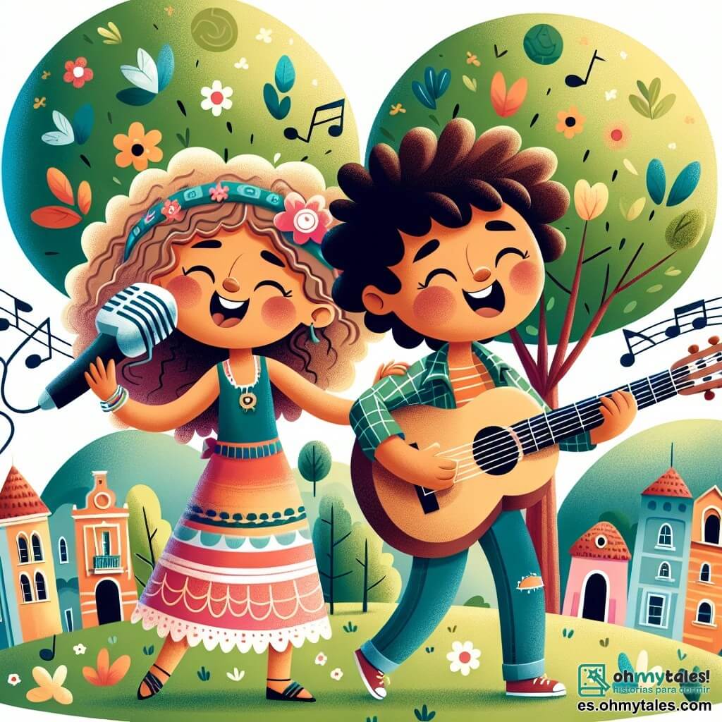 Une illustration destinée aux enfants représentant une talentueuse chanteuse et musicienne aux cheveux bouclés, accompagnée d'un petit garçon enthousiaste, jouant de la guitare et chantant joyeusement, dans le parc principal d'une petite ville colorée appelée Melodía, où les arbres dansent au rythme de la musique.