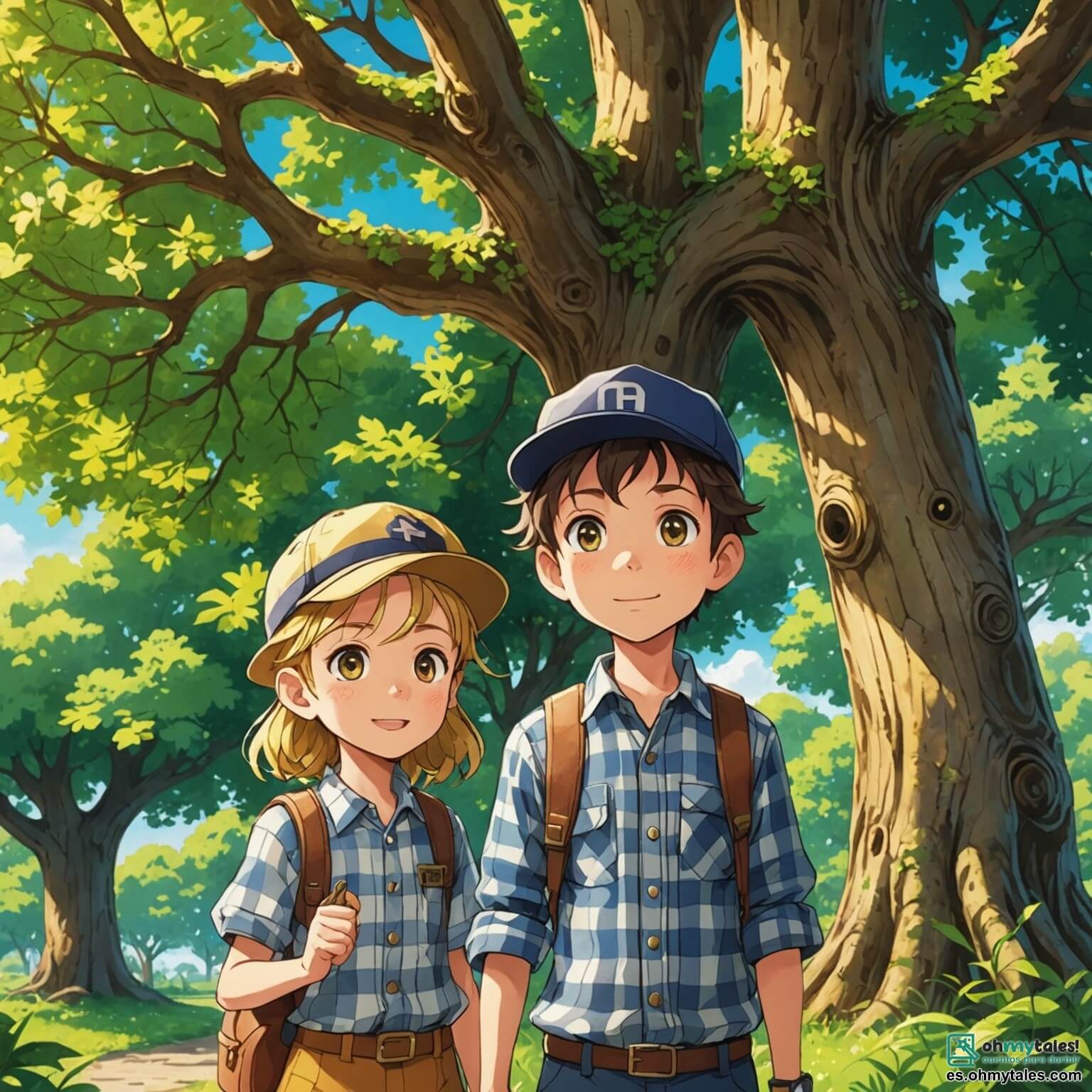 Une illustration destinée aux enfants représentant un garçon aux yeux pétillants de curiosité, vêtu d'une chemise à carreaux et d'un chapeau de détective, se tenant devant un grand arbre aux branches noueuses et feuillues, où il a découvert une mystérieuse clé dorée, tandis qu'à ses côtés, une fille aux trenzas dorées, pleine d'enthousiasme, l'encourage à résoudre le mystère qui se cache dans le parc coloré, rempli de rires d'enfants et de fleurs éclatantes.