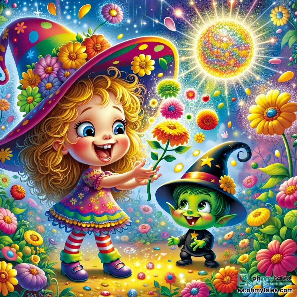 Ilustración que representa un jardín encantado, lleno de flores coloridas que parecen reír y bailar bajo un cielo azul brillante. En el centro, una niña de 7 años con cabello rizado y dorado, que lleva un gran sombrero colorido adornado con motivos de arcoíris, hace muecas mientras malabarea con flores brillantes. A su lado, un pequeño duende travieso, con piel verde y un sombrero puntiagudo, observa con una sonrisa pícara, listo para ayudarla en su misión. La escena muestra destellos de luz y burbujas de colores flotando a su alrededor, mientras que una esfera brillante, el misterioso Artefacto de la Risa, emite destellos de alegría al fondo del jardín. Pétalos de flores caen como confeti, añadiendo un toque festivo a esta atmósfera mágica y humorística.