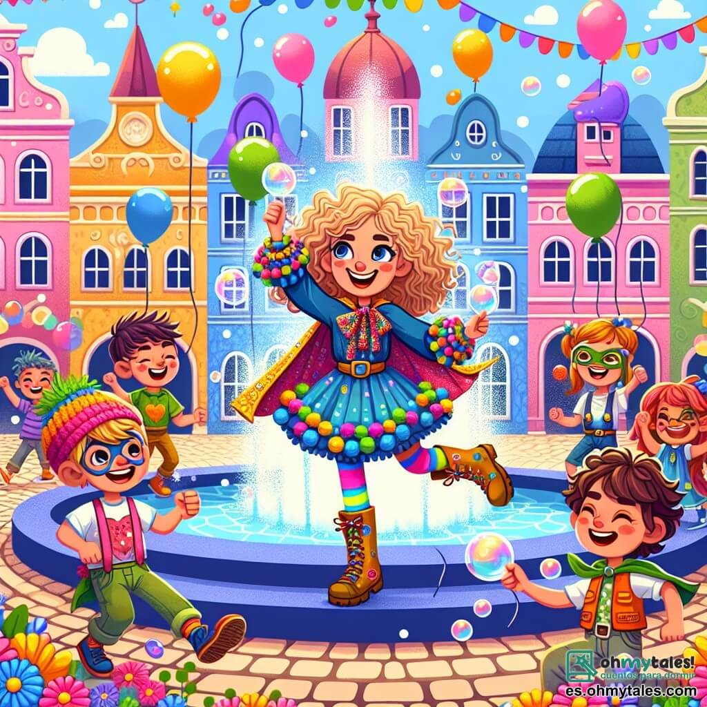 Ilustración que representa una escena vibrante en la plaza principal de un pueblo colorido, donde edificios de fachadas pastel rodean una fuente brillante. Flores multicolores bordean los adoquines y globos flotan en el aire, añadiendo un toque festivo a la atmósfera. En el centro, una joven con cabello rizado y dorado, vestida con un traje de superheroína adornado con pompones de colores y una capa que suelta burbujas de jabón, levanta las cejas con una gran sonrisa. Sus botas, que hacen un ruido cómico con cada paso, contribuyen a su apariencia alegre. Alrededor de ella, varios niños de entre 8 y 10 años, con rostros radiantes de risa, llevan disfraces de superhéroes hechos en casa. Uno de ellos, un niño de cabello castaño alborotado, sostiene un globo en forma de corazón, mientras que una niña con trenzas coloridas se prepara para lanzar una burbuja de jabón. La escena principal muestra a la superheroína entreteniendo a la multitud con sus poderes cómicos, provocando risas y sonrisas, mientras burbujas de jabón flotan a su alrededor, creando una atmósfera mágica y alegre. Confetis de colores caen del cielo, sumando a la fiesta, y risas de niños resuenan en el aire.