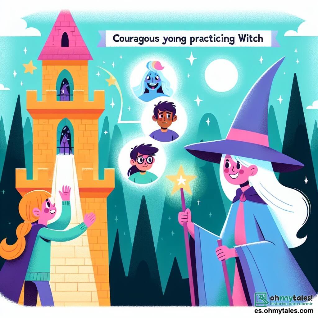 Une illustration destinée aux enfants représentant une jeune apprentie sorcière courageuse affrontant des épreuves magiques avec l'aide d'une sorcière souriante dans la mystérieuse et colorée Torre de la Bruja Risueña.