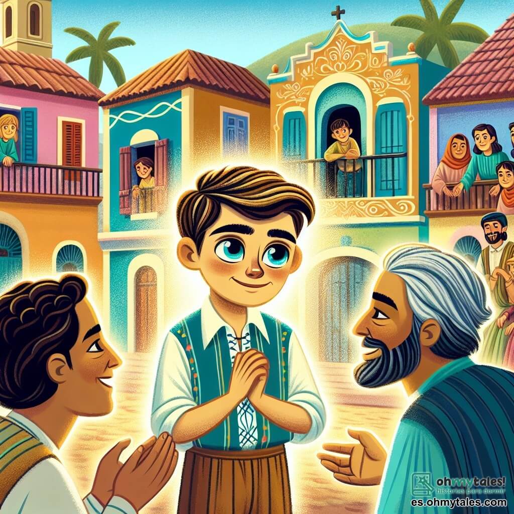 Une illustration destinée aux enfants représentant un garçon aux yeux brillants, confronté à la séparation de ses parents, entouré de ses amis fidèles, dans une maison colorée du paisible quartier de San Miguel.