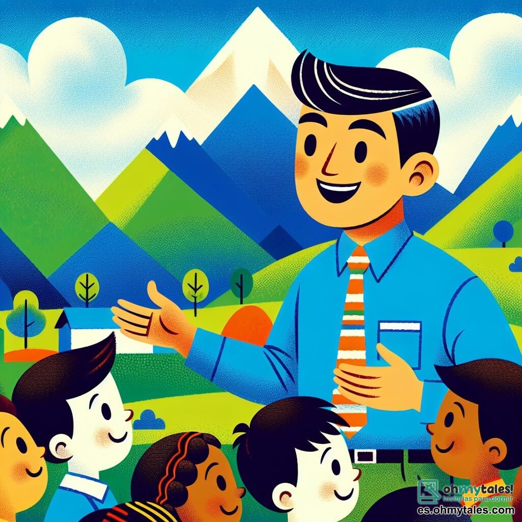 Une illustration destinée aux enfants représentant un jeune maître au sourire radieux enseignant à des enfants enthousiastes dans une école colorée et joyeuse, avec en arrière-plan un paysage de montagnes verdoyantes et un ciel bleu azur.