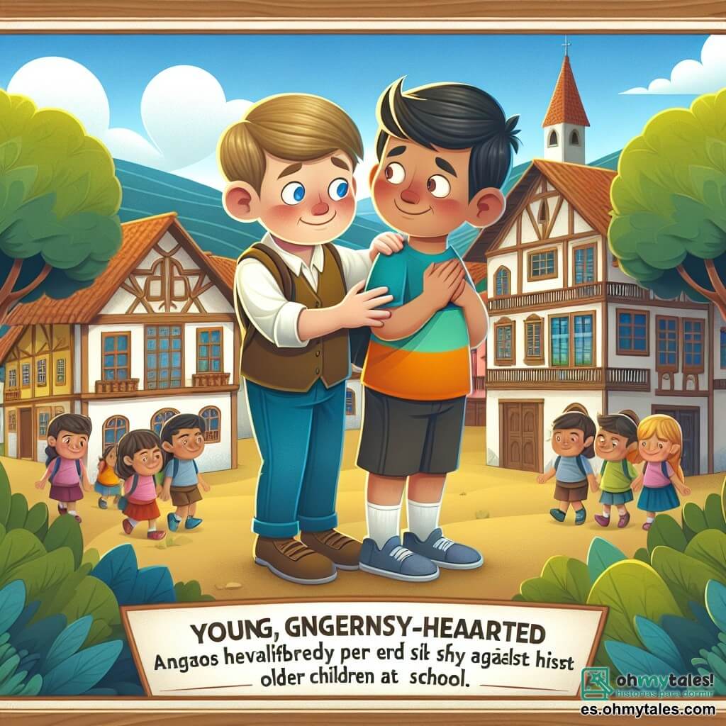 Une illustration destinée aux enfants représentant un petit garçon au cœur généreux défendant un camarade timide contre des enfants plus âgés à l'école, entourés de bâtiments colorés et de grands arbres luxuriants dans le paisible village de Valle Alegre.