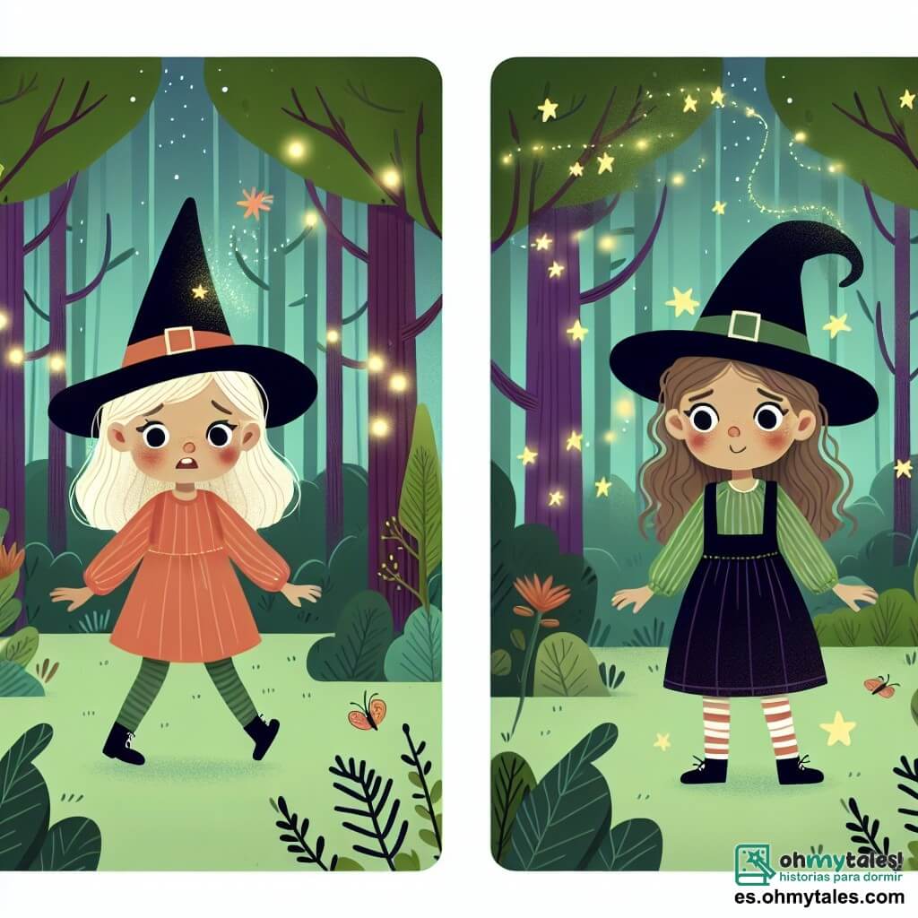 Une illustration destinée aux enfants représentant une jeune sorcière étourdie, accompagnée de sa sorcière amie experte, dans un bosque encantado lleno de árboles gigantes y luciérnagas brillantes.