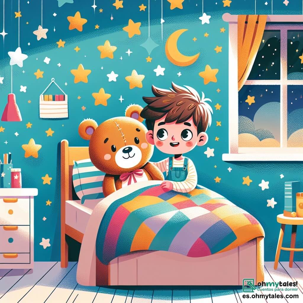 Ilustración que representa una habitación cálida y acogedora, con paredes pintadas de azul pastel y estrellas doradas brillando en el techo. Una cama cómoda está cubierta con una manta colorida, y una ventana deja entrar una suave luz de luna. El primer personaje es un niño de aproximadamente 7 años, con cabello castaño desordenado y grandes ojos curiosos. Está sentado en su cama, sosteniendo un oso de peluche en sus brazos. El oso es de color caramelo, con una cara sonriente y ojos brillantes, llevando un pequeño lazo rojo alrededor del cuello. La situación principal muestra al niño y su oso de peluche mirando por la ventana, contando las estrellas que iluminan el cielo nocturno. El niño muestra una sonrisa tranquila, mientras que el oso parece animarlo con una expresión amistosa. En el fondo, sombras suaves en la habitación crean una atmósfera pacífica, mientras que estrellas brillantes son visibles a través de la ventana, aportando un toque de magia a la escena.