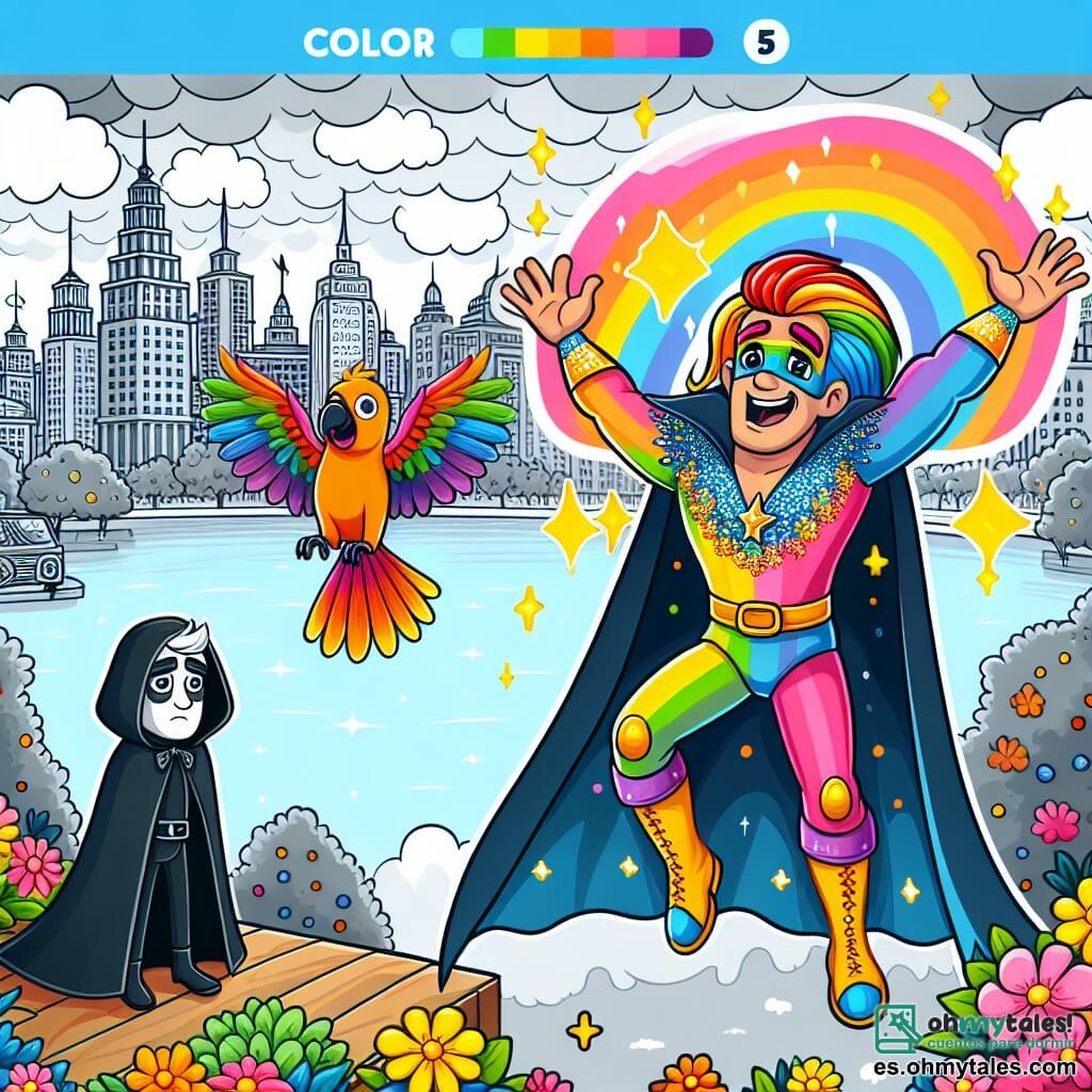 Une illustration sous forme de dessin destinée aux enfants représentant une ville colorée avec des bâtiments lumineux et des jardins fleuris, au centre un super-héros homme aux cheveux multicolores et au costume éclatant, levant les bras vers le ciel pour libérer des couleurs vives, tandis qu'à ses côtés, un perroquet coloré, un ami fidèle, vole joyeusement, et en arrière-plan, un homme triste en cape noire observe, entouré de nuages gris, illustrant le moment où le super-héros tente de redonner de la joie et des couleurs à la ville en aidant son nouvel ami à surmonter sa tristesse.