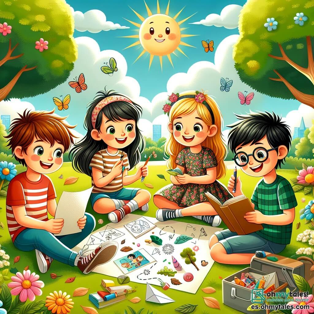 Ilustración que representa un parque soleado con árboles verdes, flores coloridas y un cielo azul salpicado de nubes blancas. En el centro, un grupo de cuatro niños: un niño de doce años con cabello castaño desordenado, que lleva una camiseta roja y un pantalón corto azul, sonríe sosteniendo un mapa de búsqueda del tesoro. A su lado, una niña de doce años con cabello largo y rubio, vestida con un vestido de flores, dibuja en un cuaderno con un lápiz. Otro niño de doce años, con gafas y cabello negro, vestido con una camisa a cuadros, sostiene un pequeño modelo de cohete de papel. Finalmente, una niña de doce años, con cabello castaño y gafas, que lleva una camiseta verde, lee un libro mientras escucha atentamente. La escena muestra a los niños riendo y compartiendo ideas, rodeados de hojas y pequeños objetos que han recolectado durante su búsqueda del tesoro, ilustrando la importancia de la amistad y el tiempo pasado juntos sin pantallas.