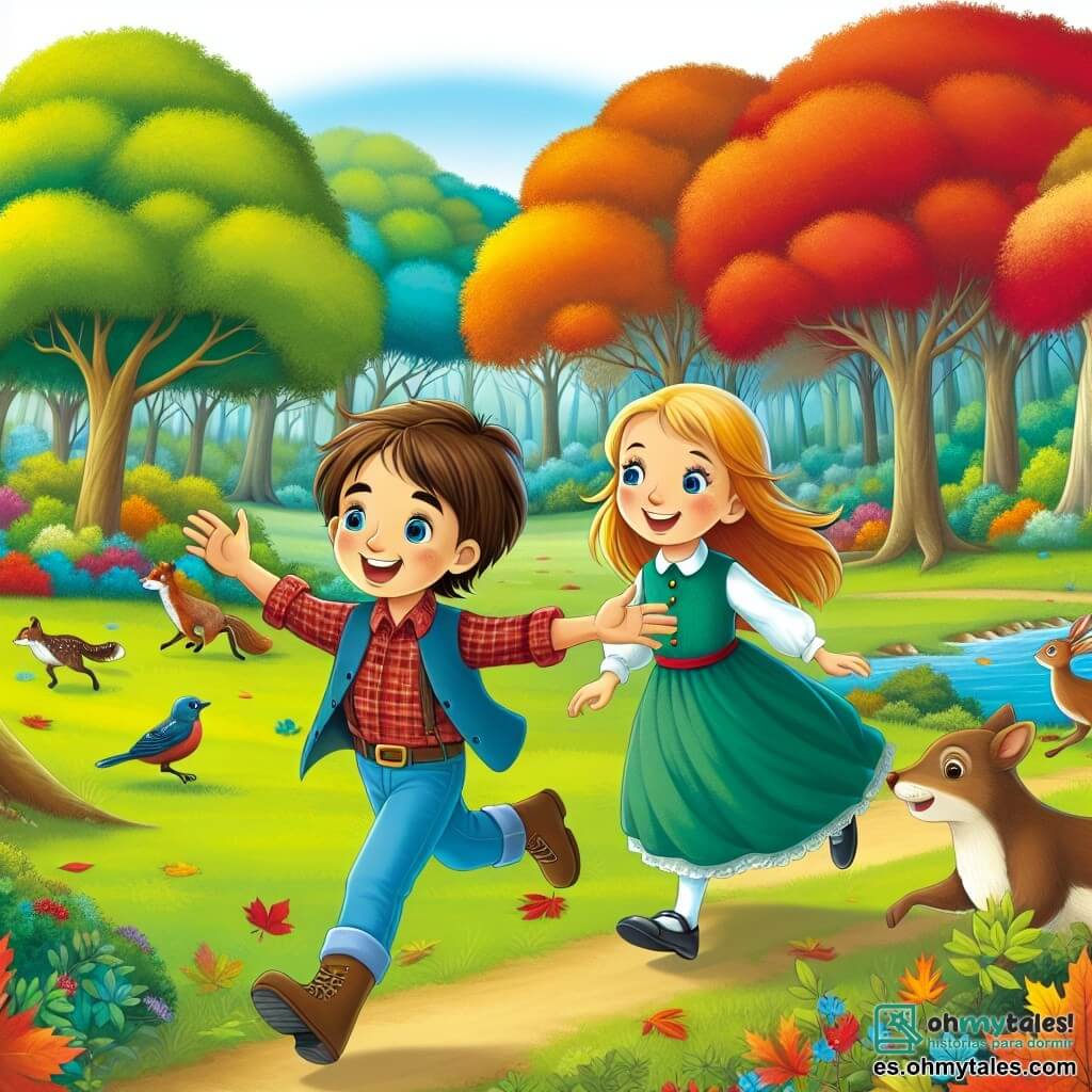 Une illustration destinée aux enfants représentant un jeune garçon, plein d'enthousiasme, se promenant dans un parc aux arbres magnifiquement colorés, accompagné de son amie, découvrant la beauté de l'automne et rencontrant des animaux fascinants.