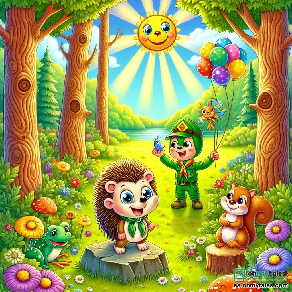 Ilustración que representa un claro de bosque soleado, lleno de flores coloridas y grandes árboles con troncos retorcidos. En el centro, un pequeño erizo con púas doradas y ojos brillantes, que lleva una pequeña gorra de explorador, se encuentra sobre una piedra, sonriendo con entusiasmo. Agita un pez de peluche, listo para mostrárselo a sus amigos. A su alrededor, animales alegres: una rana verde con ojos redondos que salta de alegría, y una ardilla de pelaje sedoso, que sostiene un gran sombrero hecho de hojas. En el fondo, rayos de sol filtran a través de las ramas, iluminando la escena festiva donde todos los animales se reúnen para admirar los objetos más extraños del concurso. Globos coloridos flotan en el aire, añadiendo un toque de magia a esta alegre competencia.