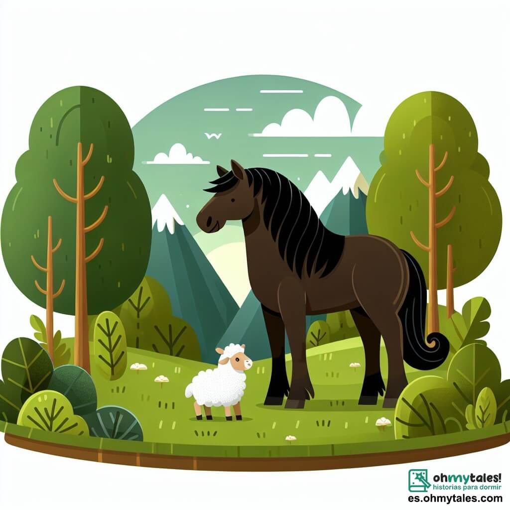 Une illustration destinée aux enfants représentant un majestueux cheval brun foncé, se tenant fièrement dans un prado verdoyant entouré de collines, accompagné d'une petite brebis blanche, dans un endroit magique appelé le Bosque Encantado.