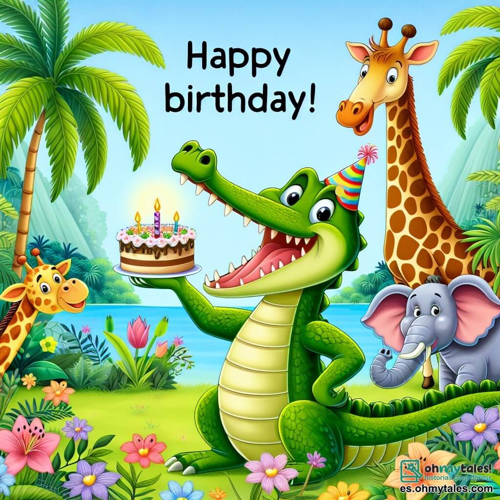 Une illustration destinée aux enfants représentant un crocodile joyeux fêtant son anniversaire avec ses amis animaux, accompagné d'une girafe élégante, dans une jungle luxuriante remplie de palmiers et de fleurs colorées.