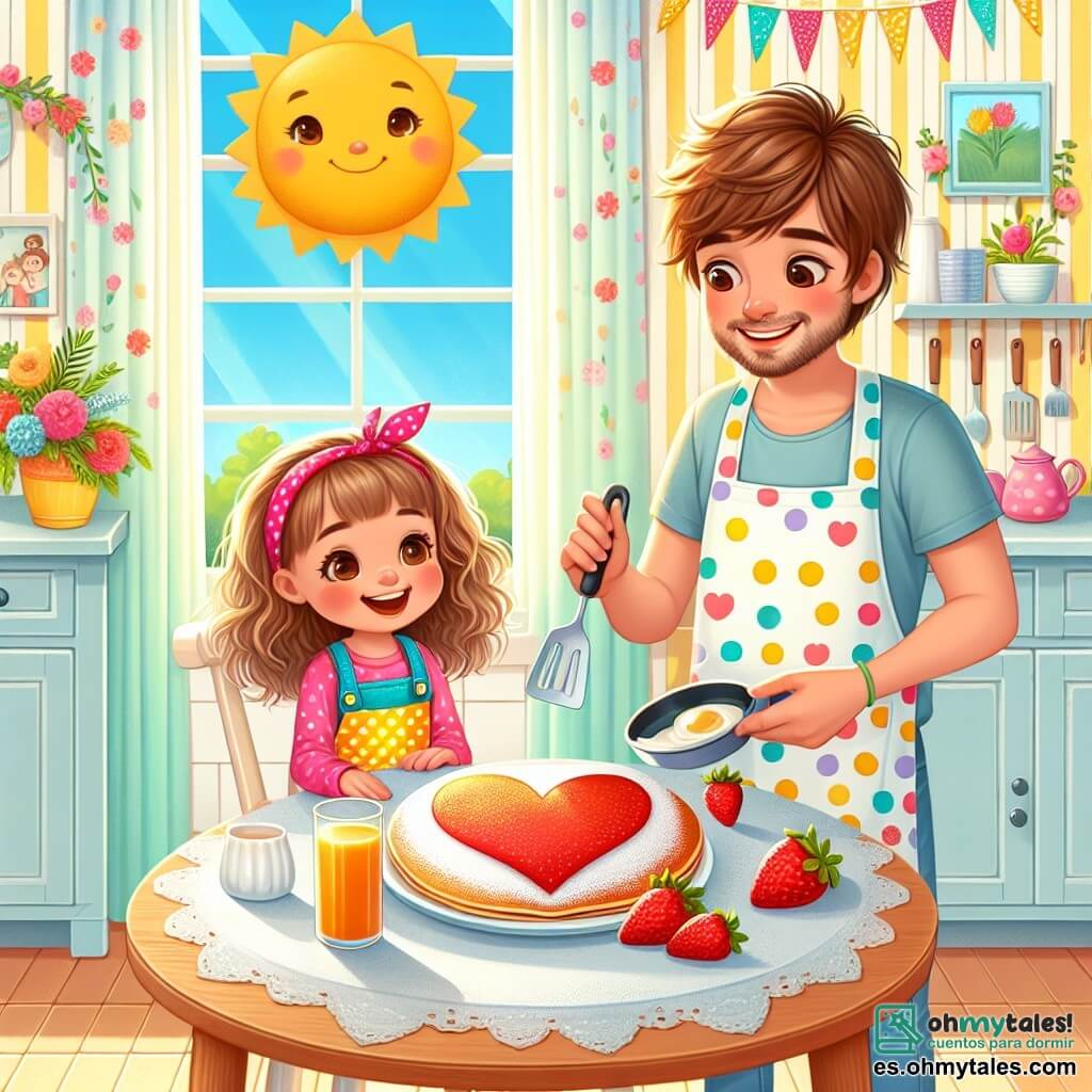 Ilustración que representa una cocina luminosa y colorida, con paredes pintadas de amarillo pastel y cortinas con motivos de flores. En la mesa de madera, un desayuno está bellamente dispuesto: un gran panqueque en forma de corazón, fresas rojas brillantes y un vaso de jugo de naranja fresco. En el centro de la imagen, una niña de 5 años, con cabello rizado y castaño, lleva un delantal de lunares de colores. Tiene una gran sonrisa en su rostro, con los ojos brillando de emoción, mientras sostiene una espátula en una mano y un panqueque en la otra, lista para servirlo. A su lado, un hombre de unos 30 años, con cabello castaño y una ligera barba, está sentado a la mesa, con los ojos muy abiertos de sorpresa y alegría. Lleva una camiseta informal y pantalones cómodos, y sonríe calurosamente a la niña. La escena captura el momento mágico en que la niña sorprende a su papá con un desayuno especial por el Día del Padre, lleno de risas y amor. Rayos de luz filtran por la ventana, iluminando la cocina y creando una atmósfera cálida y alegre.