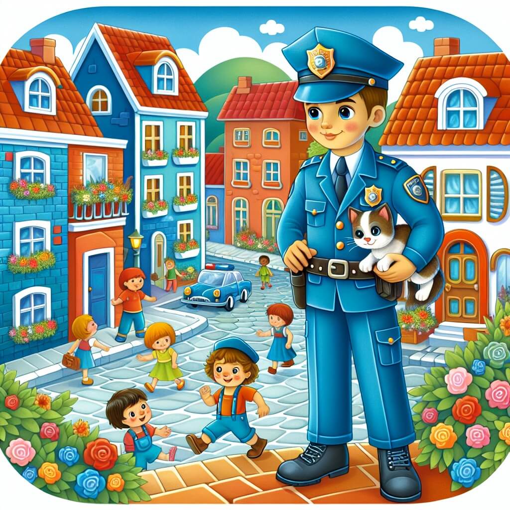 Une illustration destinée aux enfants représentant un policier intrépide, debout fièrement avec son uniforme bleu brillant, tandis qu'il aide un petit chaton perdu à retrouver son chemin dans les ruelles étroites et colorées d'une petite ville animée, avec des maisons aux toits rouges, des fleurs colorées qui bordent les trottoirs et des enfants jouant joyeusement dans le parc central.
