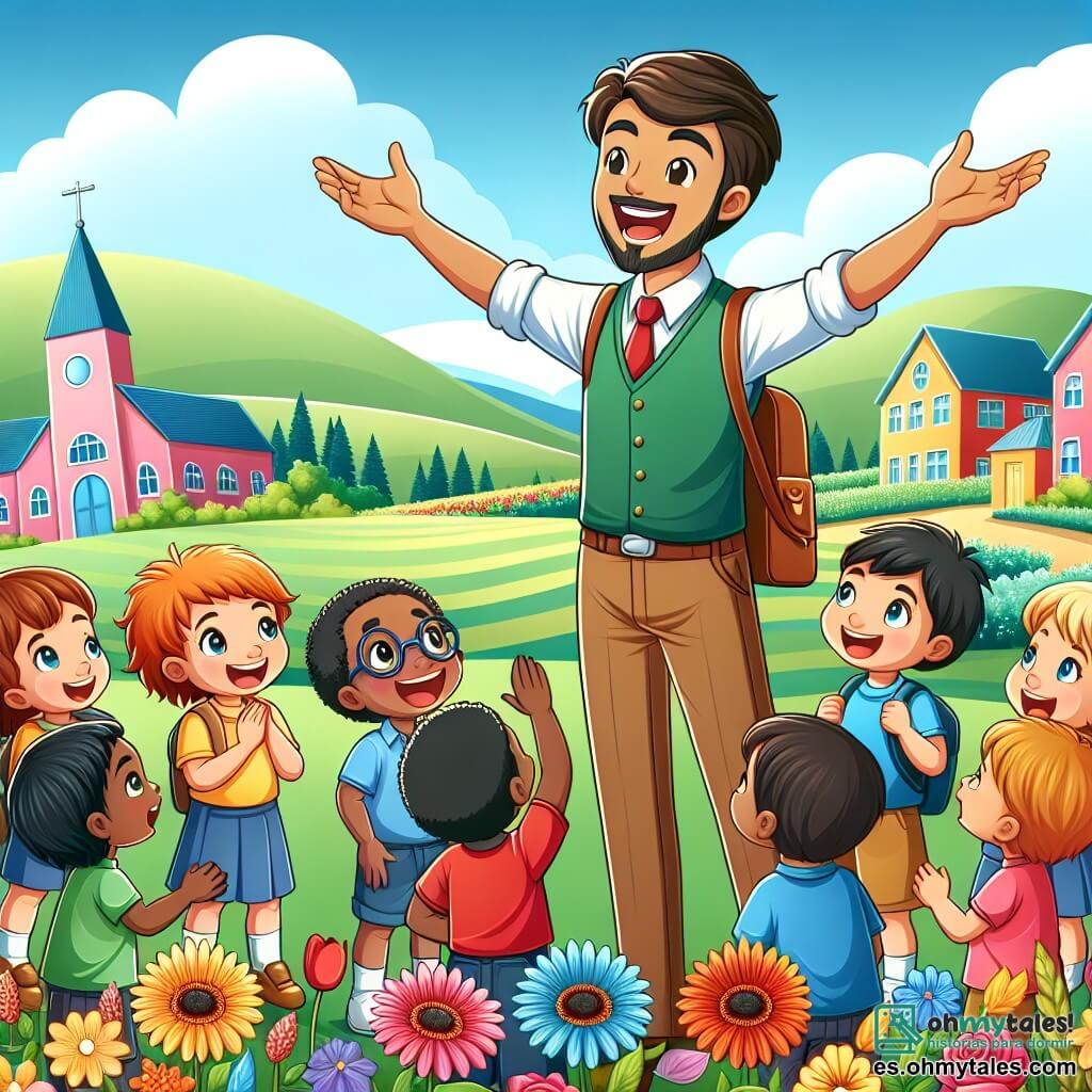 Une illustration destinée aux enfants représentant un jeune maître passionné accueillant ses élèves curieux dans une école colorée située au cœur d'un village paisible entouré de champs verdoyants et de fleurs multicolores.