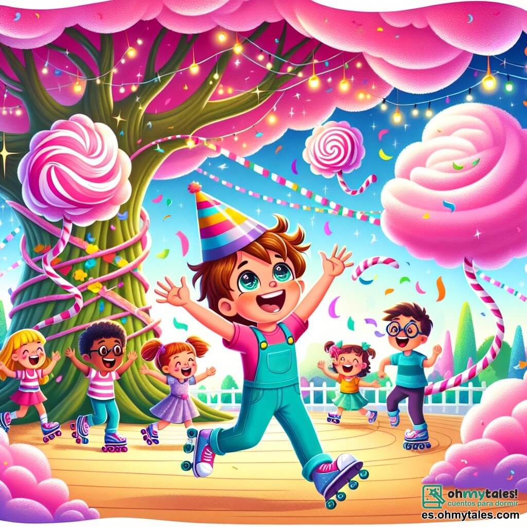 Ilustración que representa un parque encantador, donde los árboles están hechos de algodón de azúcar rosa y las flores coloridas cantan alegremente. En el centro de la escena, un niño de 7 años con cabello despeinado, ojos brillantes de curiosidad y una sonrisa radiante lleva un pequeño sombrero de papel colorido. Está levantando los brazos, maravillado, mientras a su alrededor, patines de ruedas bailan y cantan de manera cómica. A su lado, un grupo de niños, incluida una niña con coletas y un niño con gafas, ambos de aproximadamente 7 años, ríen a carcajadas tratando de seguir el ritmo de los patines. Al fondo, un gran árbol, llamado Don Roble, se balancea alegremente, sus ramas ondulando como si estuviera bailando. Destellos de luz y confeti flotan en el aire, añadiendo un toque mágico a esta escena llena de vida y risas.