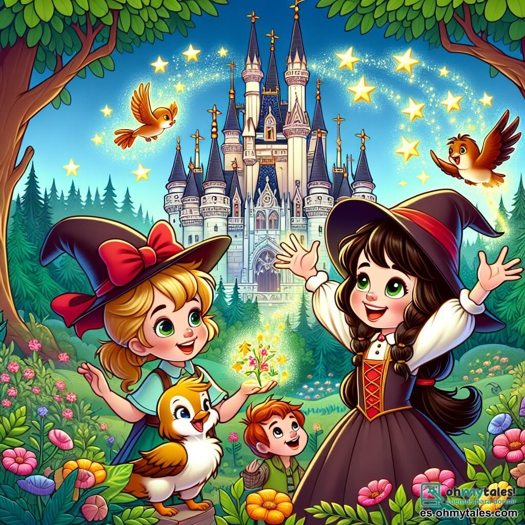 Une illustration sous forme de dessin destinée aux enfants représentant un majestueux château de magie entouré d'arbres aux feuilles scintillantes, avec une jeune sorcière aux cheveux bruns et un lazo rouge dans les cheveux, levant les bras vers le ciel en faisant flotter des étoiles lumineuses autour d'elle, tandis qu'un garçon aux cheveux blonds, capable de parler aux animaux, observe avec émerveillement un petit oiseau qui chante joyeusement, et une fille aux cheveux noirs, faisant pousser des fleurs colorées avec ses mains, sourit en les rejoignant, tous trois réunis dans une atmosphère d'aventure et de découverte magique.