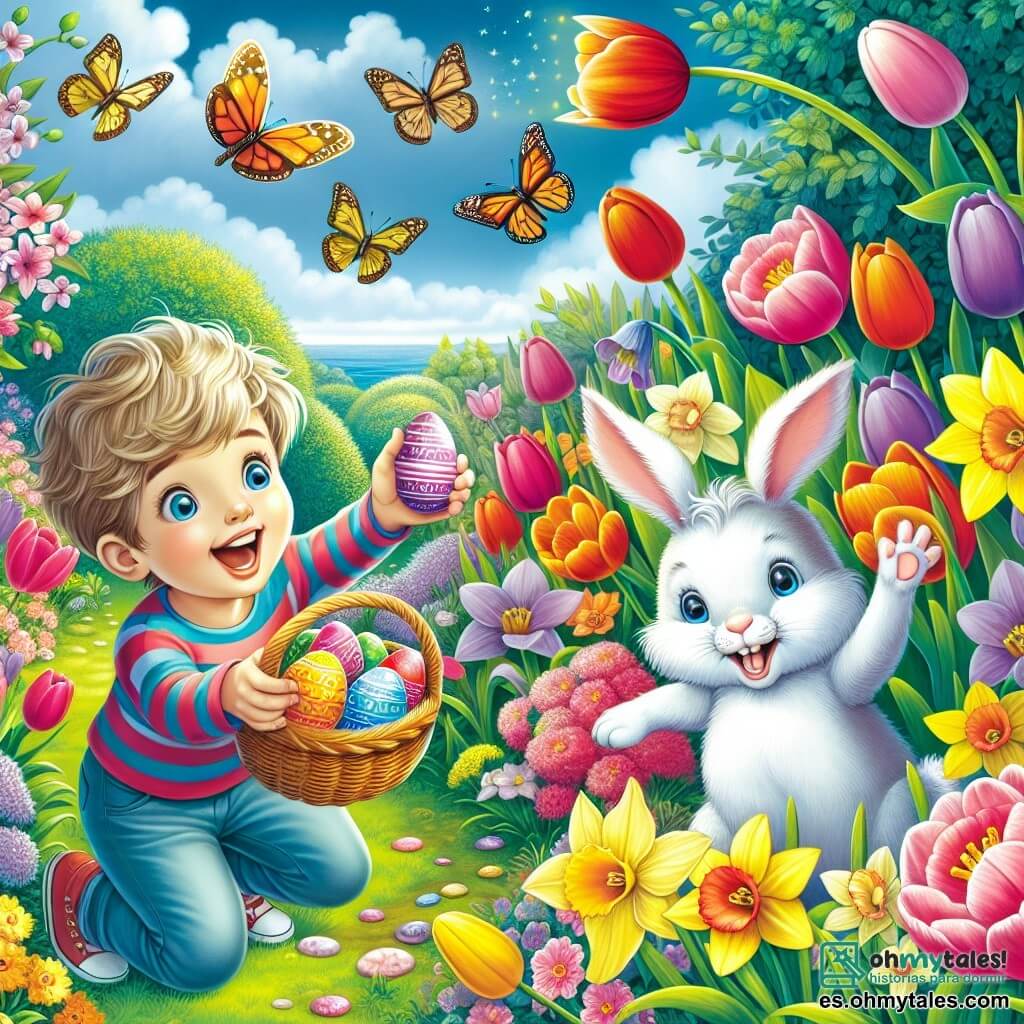 Une illustration destinée aux enfants représentant un jeune garçon, plein d'excitation, cherchant des œufs de Pâques avec l'aide d'un joyeux petit lapin blanc, dans un magnifique jardin fleuri aux couleurs vives et aux papillons dansant autour des tulipes et des jonquilles.