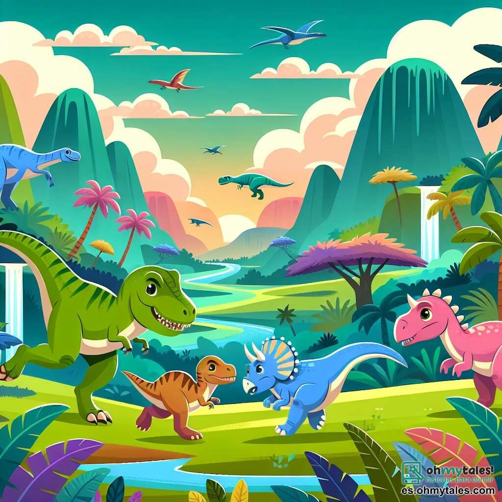 Une illustration destinée aux enfants représentant un jeune Tyrannosaure Rex, un garçon, qui participe à une grande course de dinosaures avec un triceratops, un garçon, et un diplodocus, une fille, dans un vaste et coloré valle rempli de palmiers, fougères géantes et cascades scintillantes.