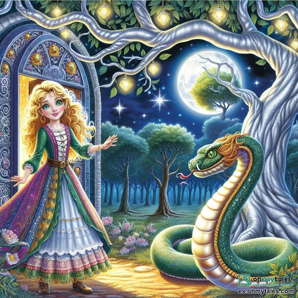 Une illustration sous forme de dessin destinée aux enfants représentant un clair de forêt magique, avec un majestueux arbre de argent aux branches scintillantes, où une jeune femme aux cheveux dorés et aux yeux émeraude, vêtue d'une robe colorée, se tient courageusement devant une porte secrète à la base de l'arbre, tandis qu'une grande serpente aux écailles brillantes, gardienne de l'entrée, l'observe avec curiosité, capturant l'instant où la jeune femme s'apprête à entrer dans un monde d'aventures pour récupérer un cristal magique volé par une sorcière maléfique.