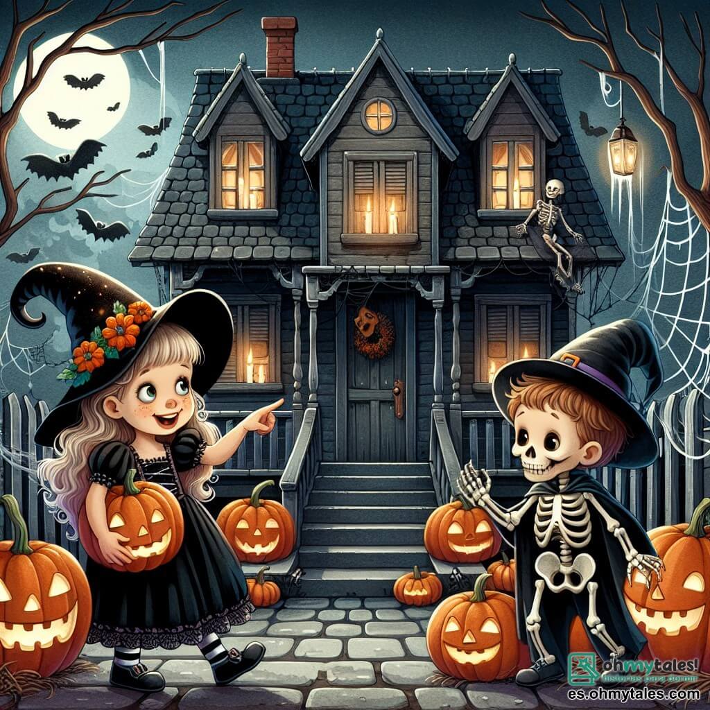 Une illustration destinée aux enfants représentant une jeune fille déguisée en sorcière, accompagnée de son petit frère déguisé en squelette, explorant une maison ancienne et ténébreuse décorée de calabazas et de telarañas pour Halloween.