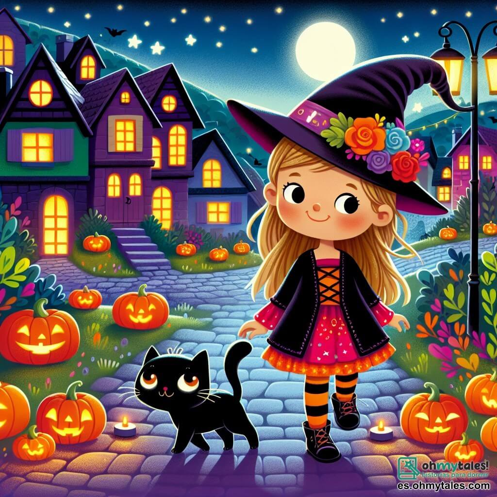 Une illustration destinée aux enfants représentant une jeune fille déguisée en sorcière, accompagnée de son chat noir espiègle, se promenant dans un village illuminé par les lumières colorées des citrouilles d'Halloween.