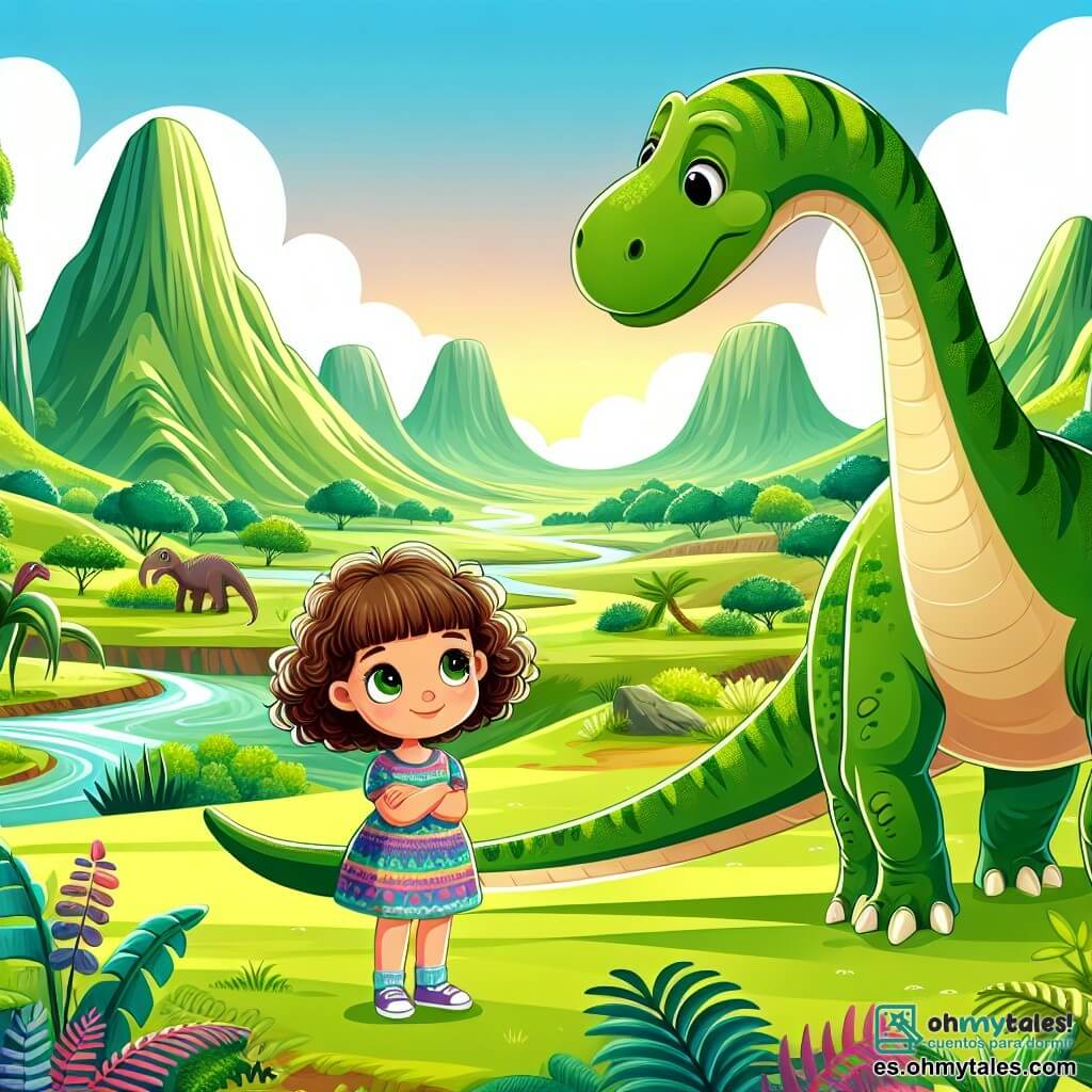 Une illustration sous forme de dessin destinée aux enfants représentant une vaste vallée préhistorique, remplie de végétation luxuriante et de dinosaures majestueux, où une fille de 9 ans aux cheveux bouclés et aux yeux pétillants, vêtue d'une robe colorée, se tient émerveillée aux côtés d'un petit dinosaure amical aux écailles vertes, tandis qu'un grand dinosaure à long cou se penche curieusement vers eux, capturant l'instant magique où l'amitié entre l'enfant et la créature préhistorique naît au milieu d'un paysage vibrant et fantastique.
