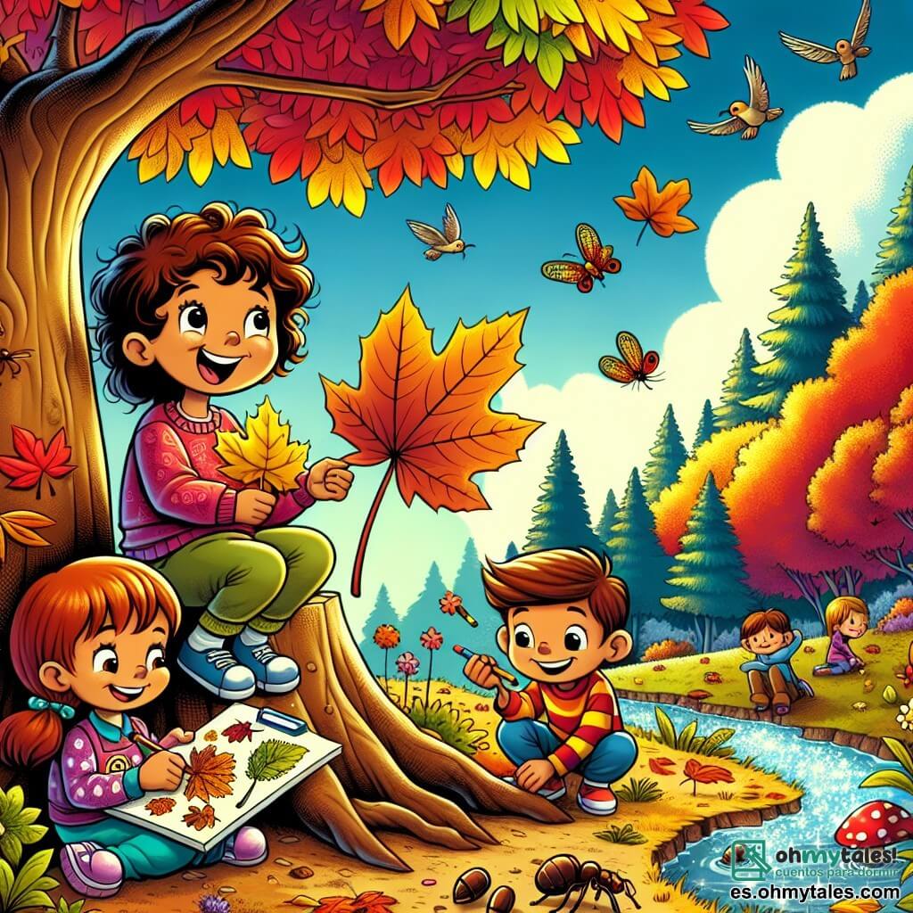Ilustración que representa un parque en otoño, con árboles de hojas brillantes en tonos de rojo, naranja y amarillo, y un suelo cubierto de hojas muertas. En el centro, un grupo de cuatro niños, dos niñas y dos niños, están sentados sobre un tronco de árbol. La primera niña, de siete años, tiene el cabello rizado y lleva un suéter rosa, sonríe mostrando una gran hoja amarilla que sostiene en sus manos. El segundo niño, de siete años, lleva una gorra azul y se inclina hacia adelante, observando hormigas en el suelo con curiosidad. La tercera niña, de siete años, tiene el cabello largo y lleva un vestido con estampados, dibuja con lápices sobre una hoja de papel. Finalmente, el cuarto niño, de siete años, tiene el cabello castaño y una sonrisa traviesa, sostiene una hermosa nuez entre sus dedos. Al fondo, aves vuelan en el cielo azul y un arroyo brilla al sol, añadiendo un toque de magia a esta escena otoñal llena de alegría y descubrimientos.