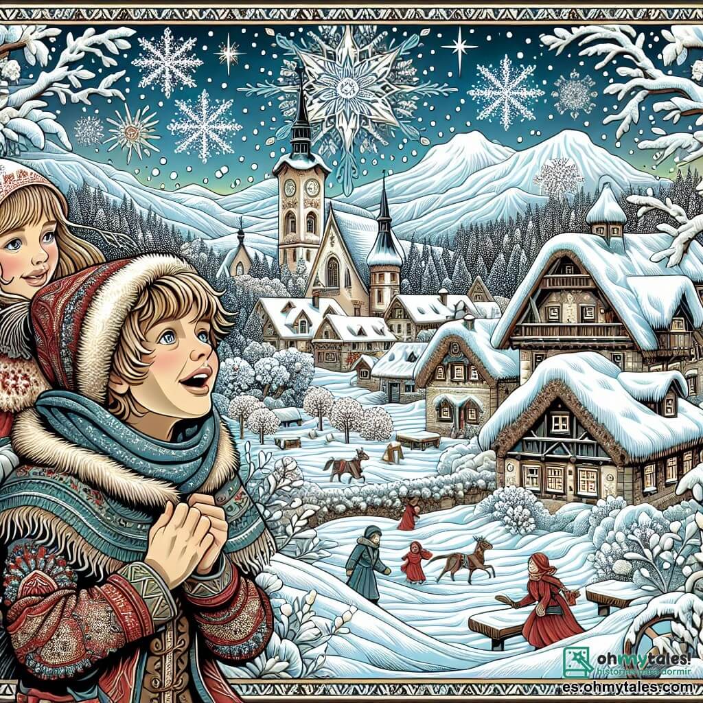 Une illustration destinée aux enfants représentant un garçon émerveillé par l'arrivée de l'hiver, accompagné de son amie, dans le pittoresque village enneigé de Villa Alegre.