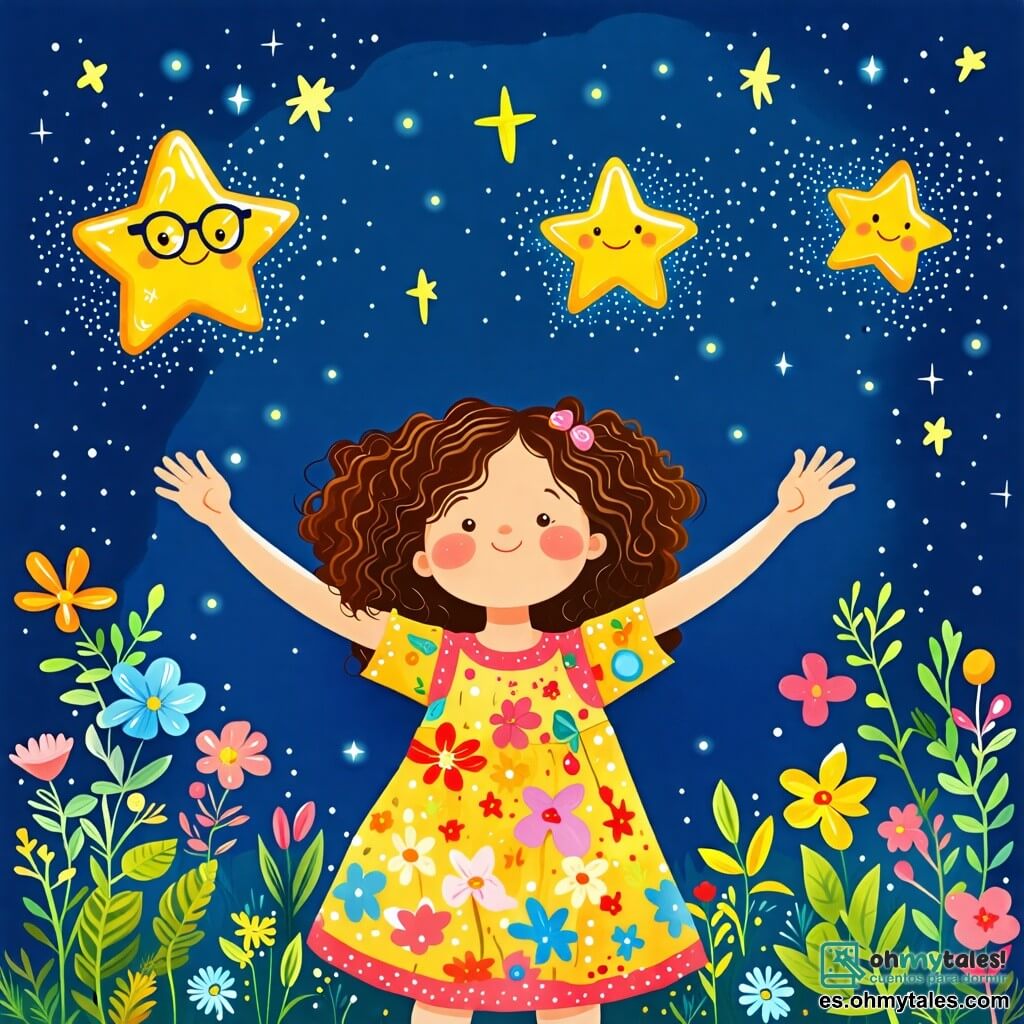 Une illustration sous forme de dessin destinée aux enfants représentant un jardin verdoyant sous un ciel étoilé, où une petite fille de 2 ans aux cheveux bouclés et aux yeux pétillants, vêtue d'une robe colorée, lève les bras avec émerveillement en regardant trois étoiles brillantes qui flottent autour d'elle, chacune ayant une personnalité distincte : une étoile dorée souriante qui scintille joyeusement, une étoile sage avec des lunettes qui semble réfléchir, et une étoile espiègle qui fait des pirouettes, symbolisant la magie de l'amitié et la découverte de la lumière intérieure.